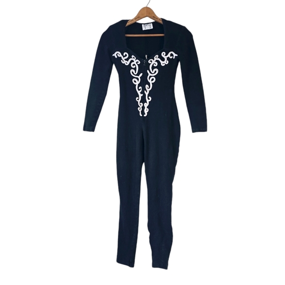 Vintage 90s Black CatSuit | size medium | zip up front | white embroidery - Picture 2 of 8